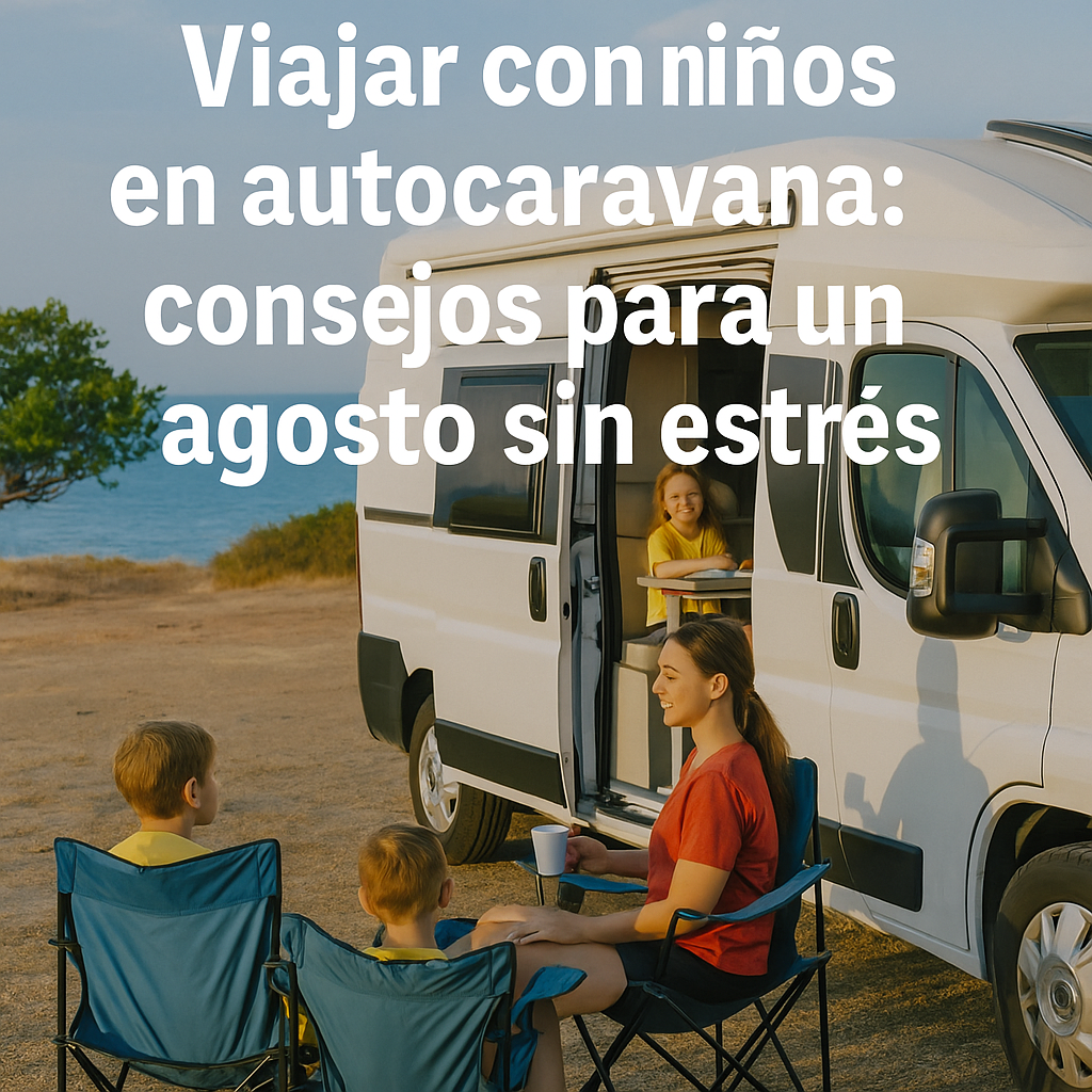 Familia viajando en autocaravana junto al mar, con niños disfrutando al aire libre en un entorno veraniego relajado.